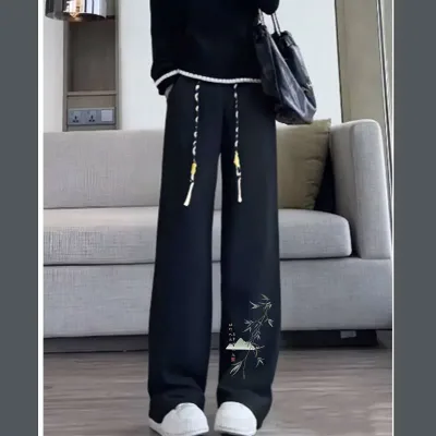 レディース ワイドパンツ 中国風 ゆったりシルエット 無地 ミッドライズ ストレート ロング丈 カジュアル 日常使い 春夏用