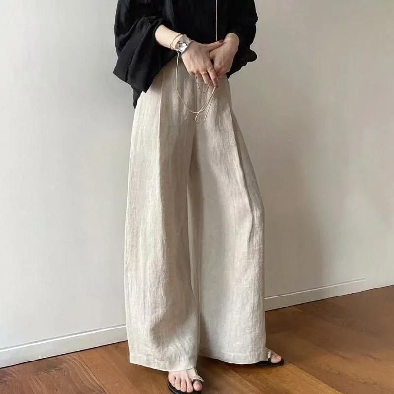 レディース ワイドレッグパンツ 夏用 ハイウエスト 綿麻素材 ゆったり 細見え ストレートシルエット ドレープ感 カジュアル 日常使い 軽量 通勤対応 ビッグシルエット