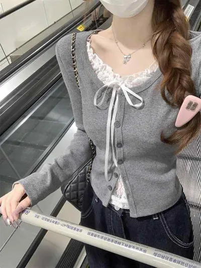レディース 長袖 トップス フェイクツーピース Tシャツ レース 切り替え ショート丈 インナー 普段使い 軽量 伸縮性