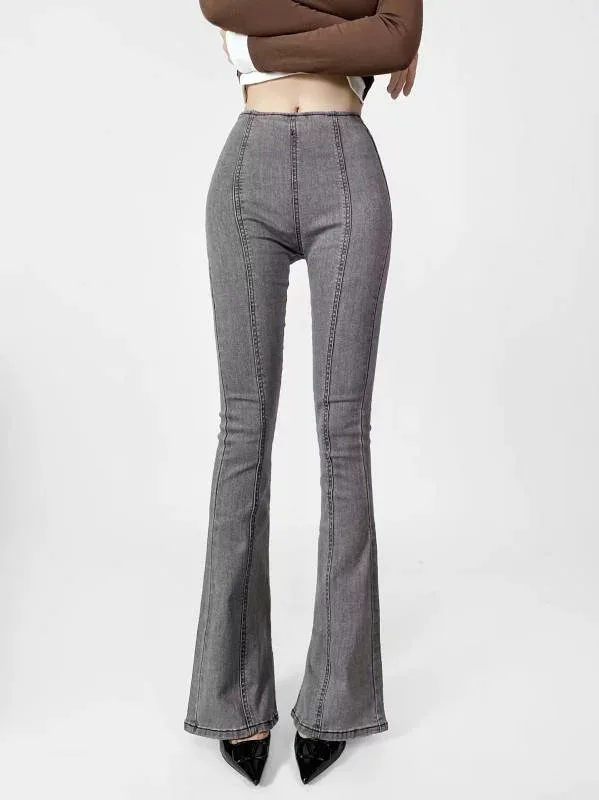 デニムパンツ レディース ハイウエスト ストレッチ フレア ロング丈 サイドスリット ミッドシーム カジュアル 普段使い 伸縮性 ジーンズ ボトムス 女性用