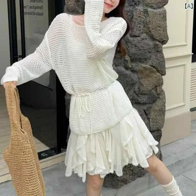 レディース ニット トップス 長袖 片肩 ホロー 春 防晒 UVカット アウター ゆったり レイヤード 軽量 伸縮性 接触冷感 切り替え ビッグシルエット