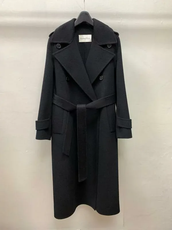 トレンチコート レディース ロング丈 ダブルブレスト ベルト付き スリムフィット ストレートシルエット ブラック ダブルフェイスウール コート アウター 秋冬 暖か素材 通勤用 普段使い