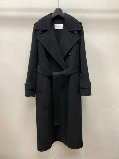 トレンチコート レディース ロング丈 ダブルブレスト ベルト付き スリムフィット ストレートシルエット ブラック ダブルフェイスウール コート アウター 秋冬 暖か素材 通勤用 普段使い
