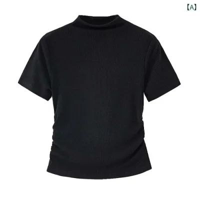 レディース 夏 短袖 Tシャツ 高領 プリーツ 無地 短め セクシー スリムフィット へそ出し トップス ボディコンシャス フェミニン スタイル