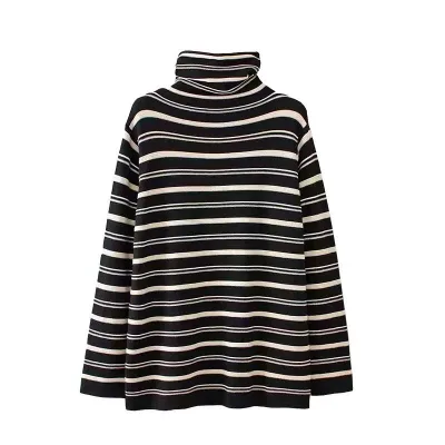 レディース トップス ストライプ ハイネック 長袖Tシャツ 秋冬 インナー フリルネック スリムフィット スタイリッシュ レイヤード 普段使い 軽量 伸縮性