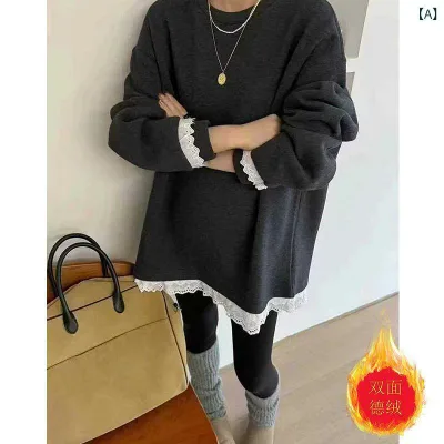 Tシャツ 女性用 秋冬 ゆったり 大きめ 起毛加工 ベルベット風 レース 縁取り カジュアル 中長丈 長袖 インナー トップス 暖かみ 柔らかい 普段使い