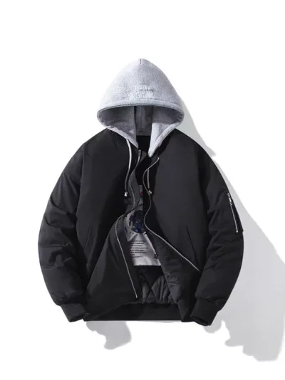 秋冬 メンズ フライトジャケット 取り外しフード 綿入り 厚手 ゆったりシルエット カジュアル ボンバースタイル ストリートファッション 軽量 吸湿速乾