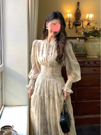 ワンピース レディース フレンチ 花柄 シフォン ロング丈 初秋 ウエストシェイプ かわいい 軽量 透け感 普段使い 秋色
