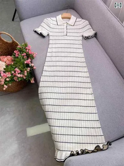 レディース ワンピース 半袖 ロング丈 ストライプ柄 フリルエッジ 切り替えカラー ウエストマーク スリムフィット フレンチスタイル エレガント カジュアル トップス ドレス 普段使い 軽量 伸縮性