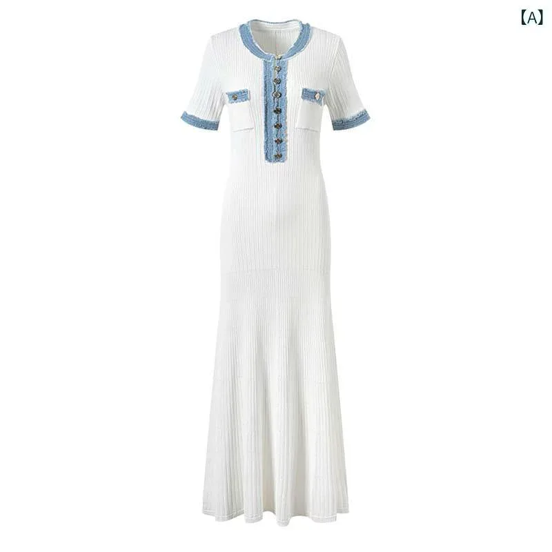 ワンピース レディース 半袖 ニット デニム 切り替え ロング シンプル 上品 ボディフィット スリム 女性用 普段使い 通勤 伸縮性 軽量