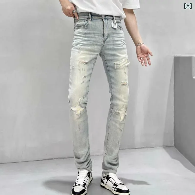 デニムパンツ メンズ 秋 ライトブルー 穴あき ウォッシュ加工 スリムフィット 伸縮性 スリムレッグ カジュアル トレンド 合わせやすい 普段使い デニム素材 快適 ファッション