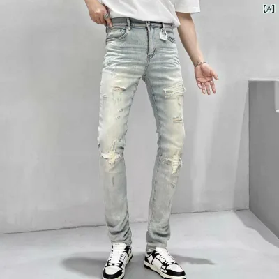 デニムパンツ メンズ 秋 ライトブルー 穴あき ウォッシュ加工 スリムフィット 伸縮性 スリムレッグ カジュアル トレンド 合わせやすい 普段使い デニム素材 快適 ファッション