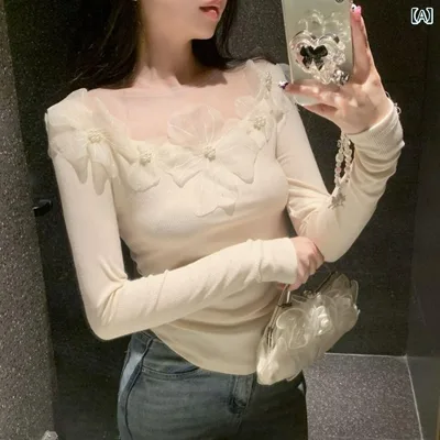 ニットトップス レディース オフショルダー 長袖 レース 立体花 モチーフ スリムフィット インナー 春秋 普段使い 柔らかい 素材 ボディコンシャス