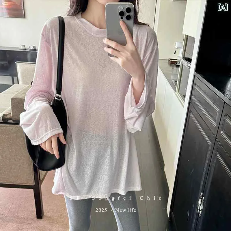 レディース 長袖Tシャツ 春夏 薄手 ゆったり 丸首 微透 雪花柄 ルーズフィット 室内着 吸湿速乾 コットン混 ブラック ピンク系 ライトグレー