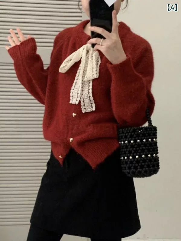 レディース 秋冬 韓国風 甘め ニット カーディガン ゆったり ラウンドネック ハート レース リボン 金ボタン 柔らか素材 日常使い 暖か スタイリッシュ