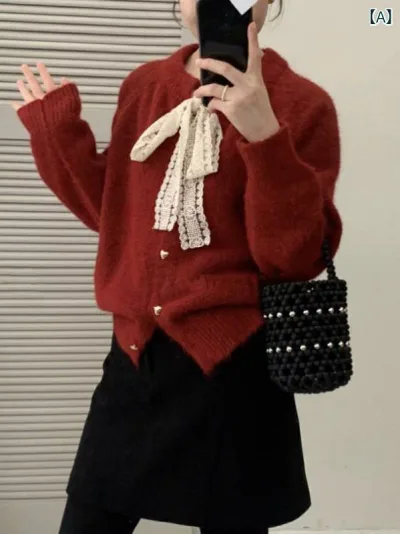 レディース 秋冬 韓国風 甘め ニット カーディガン ゆったり ラウンドネック ハート レース リボン 金ボタン 柔らか素材 日常使い 暖か スタイリッシュ