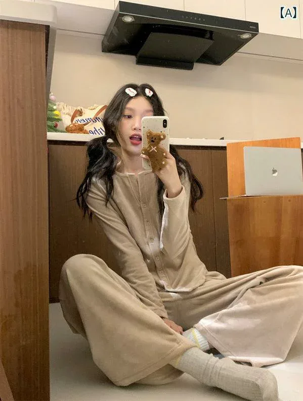 レディース 冬用 パジャマ セット 韓国風 スリムフィット プリーツ デザイン スタイルアップ 暖かフリース 素材 部屋着 ホームウェア ルームウェア 柔らかい 生地 ゆったり 着心地