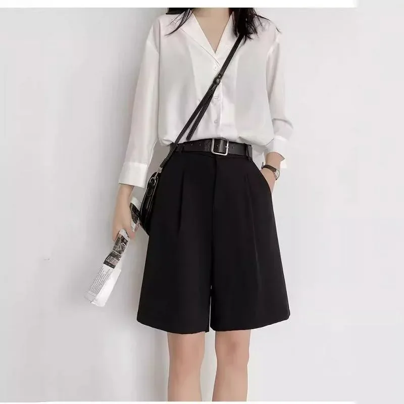 ショートパンツ レディース グレー 夏 薄手 ゆったり ハイウエスト Aライン カジュアル ワイドレッグ 5分丈 スーツ風 フィット 膝上丈 日常使い
