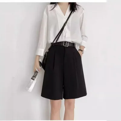 ショートパンツ レディース グレー 夏 薄手 ゆったり ハイウエスト Aライン カジュアル ワイドレッグ 5分丈 スーツ風 フィット 膝上丈 日常使い