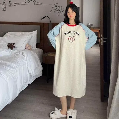妊婦用 長袖 かわいい 犬柄 卡通 綿 起毛 ネグリジェ 秋冬 中長丈 ゆったり 大きめサイズ ルームウェア 暖かみ ホームファッション
