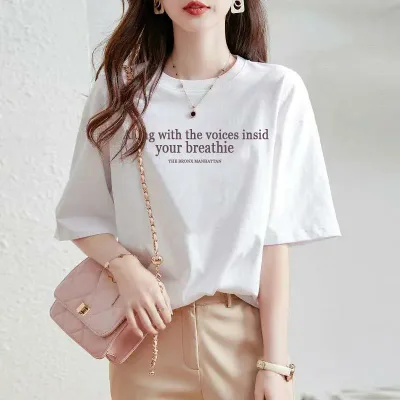レディース 短袖 トップス 綿100% 韓国 ゆったり ビッグシルエット プリント柄 中長丈 Tシャツ 高級感 カジュアル 日常使い ソフト素材