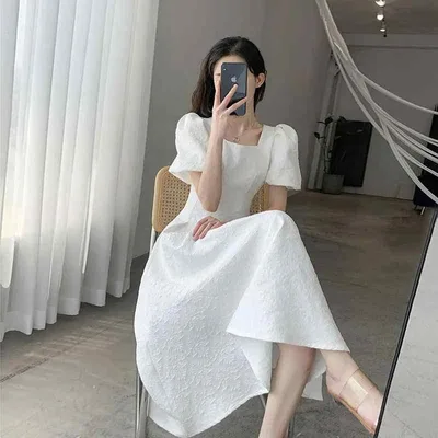 ワンピース レディース 夏 ホワイト 大振り ロング スクエアネック 着痩せ 上品 ジャカード 結婚式 エレガント フレア 軽量 伸縮性 吸湿速乾 細見え