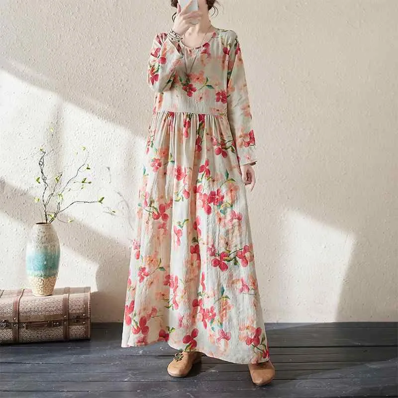 レディース ワンピース 春 花柄 リゾート風 旅行用 クルーネック レトロ ロングドレス 長袖 綿麻 素材 ゆったり 着痩せ 体型カバー