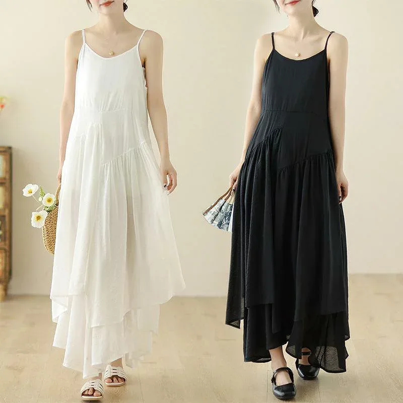 レディース ゆったり ロングワンピース 夏用 アシンメトリー 裾 キャミタイプ 無地 フレンチスタイル 体型カバー 着痩せ 細見え カジュアル 普段使い 軽量 伸縮性 吸湿速乾