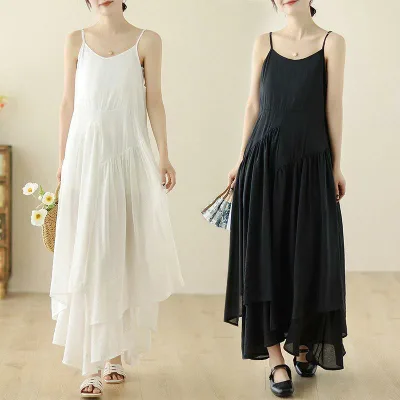 レディース ゆったり ロングワンピース 夏用 アシンメトリー 裾 キャミタイプ 無地 フレンチスタイル 体型カバー 着痩せ 細見え カジュアル 普段使い 軽量 伸縮性 吸湿速乾