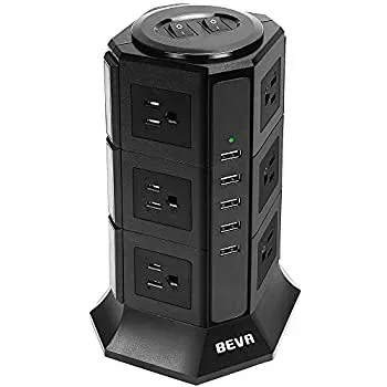 【中古】【非常に良い】タワー式電源タップBEVA 3層縦コンセント 12AC充電口(100-125V)+5USBポート(最大4.2A/5V)雷ガード 過負荷保護 省エネ 延長コード2m オフィ