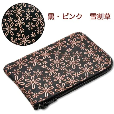 印伝 小銭入れL型【印傳屋 財布・小銭入れ・コインケース・革製・カード入れ】1001・黒/ピンク 雪割草 (L型)