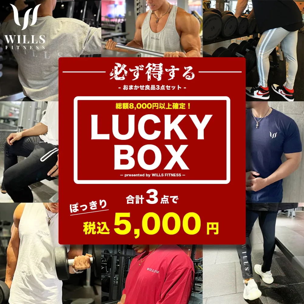 ラッキーボックス 福袋 メンズ 総額8000円以上 詰め合わせ ジョガーパンツ Tシャツ タンクトップ WILLS FITNESS ウィルズ フィットネス 3点セット 半袖 五分丈 オーバーサイズ トレーニング パンツ ストレッチ ユ00572