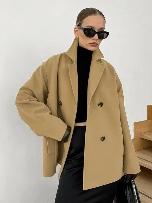 コート レディース 秋冬 ミドル丈 ゆったり 厚手 ブラウン ダブルボタン 通勤 アウター ウールコート ヴィンテージ風 オーバーサイズ 暖かい 防寒 シンプル