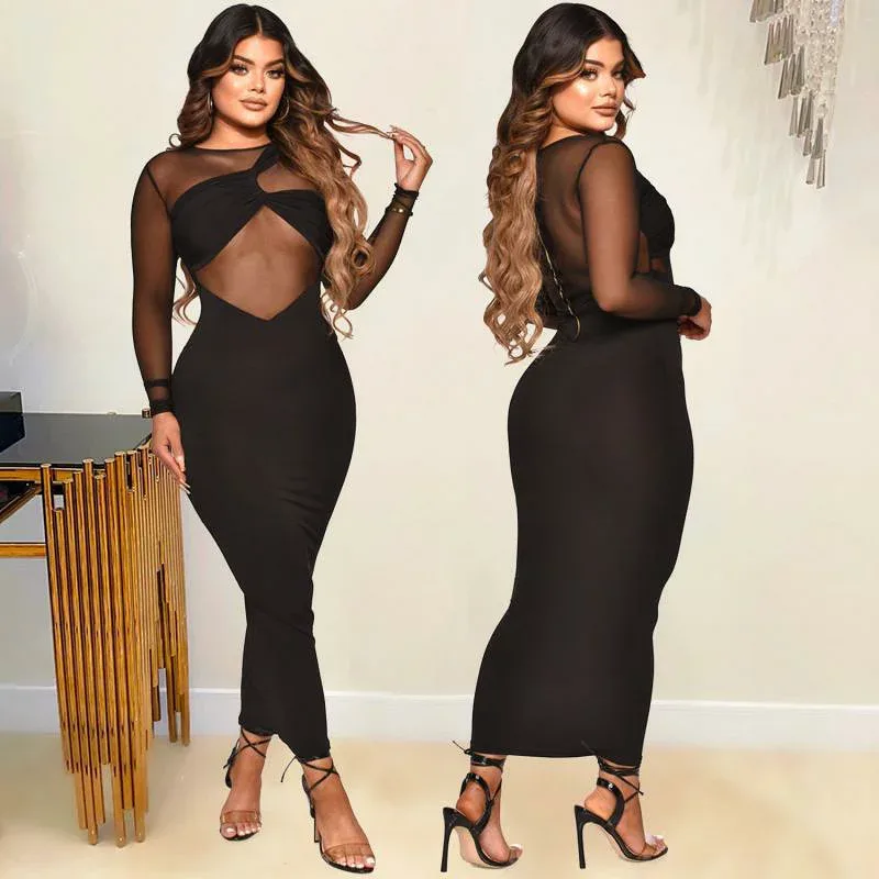 ワンピース レディース 長袖 セクシー タイト 透け感 メッシュ 無地 スリムフィット スレンダー ロング丈 パーティー ドレス 結婚式 二次会