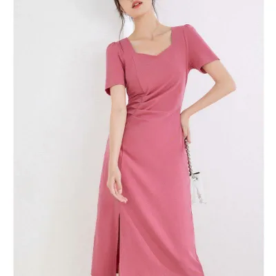 Dress, Women's, Spring/Summer, Short Sleeve, Square Neck, French Style, Elegant, Gathered Slit, Calf Length, Maxi Dress, Long Dress, Feminine, Pretty, Elegant, Neat, Invitation, Date, Daily, Casual, Stylish