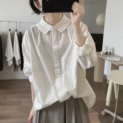 シャツ レディース トップス 春秋 長袖 コットンプ シャツ ブラウス ゆる 体型カバー 着痩せ スッキリ レトロ 無地 カジュアル 通勤