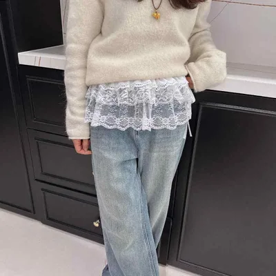 半身裙 レディース レース コットン 花边 叠穿 屁帘 ショート丈 遮胯 ミニスカート 重ね着風 ペチコート ウエストゴム レイヤード 体型カバー カジュアル レースアップ インナー 綿春秋