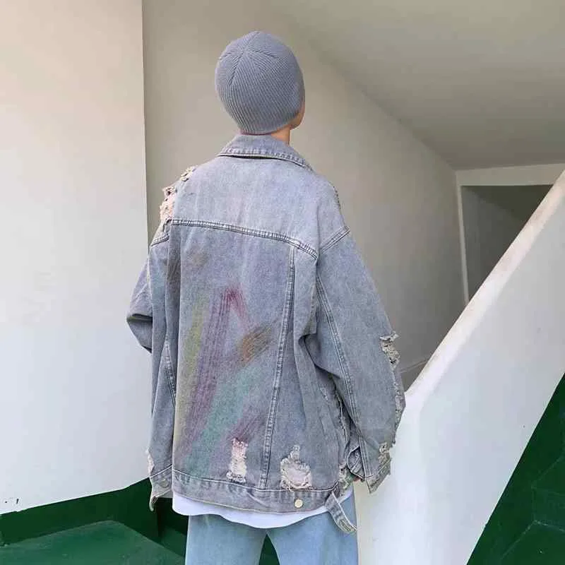 デニムジャケット メンズ レディース ユニセックス アウター ジージャン ダメージ加工 ペイント Gジャン ゆったり 大きめ 羽織り カジュアル レトロ ヴィンテージ風 ストリート 韓国風 ファッション 10代 20代 春 秋