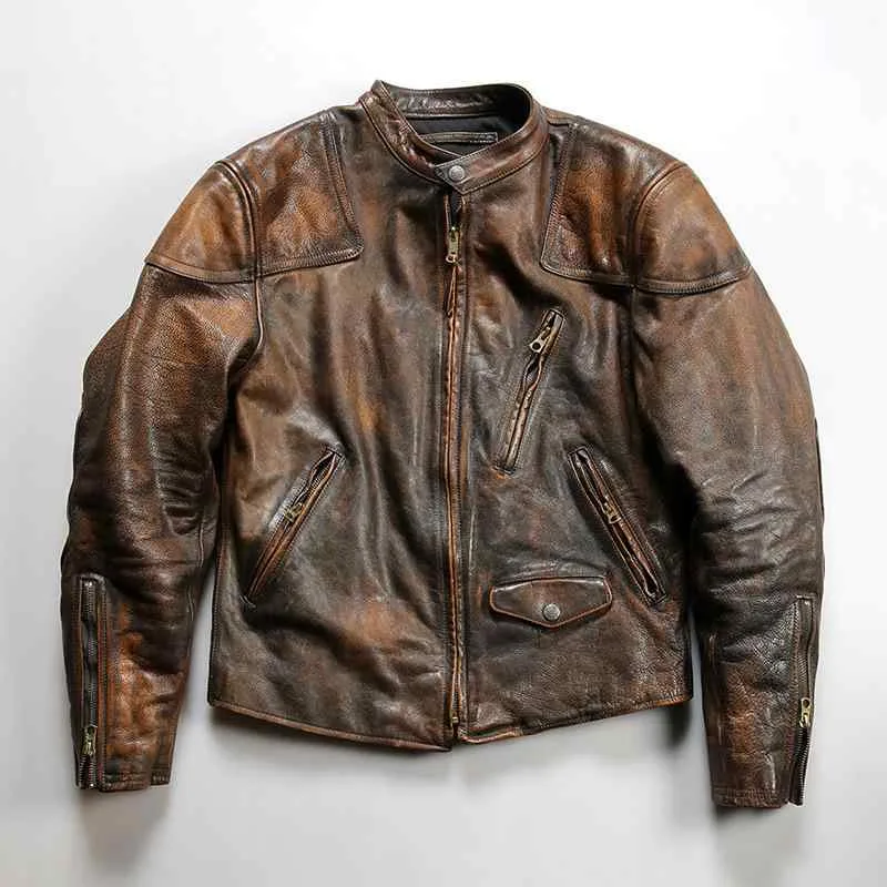 レザージャケット メンズ 本革 立ち襟 ライダース ジャケット アウター カウハイド 牛革 ヴィンテージ風 加工 ポケット 無地 カジュアル 春 秋 冬 旅行 デート お出かけ ブラック ブラウン 20代 30代 40代
