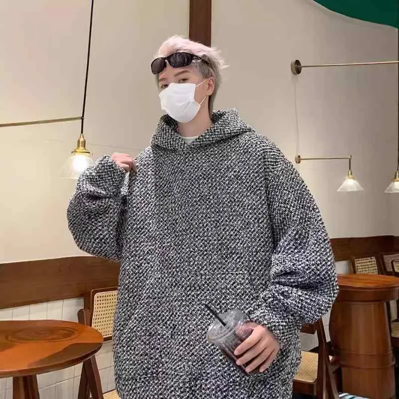 パーカー メンズ 春 秋 フード付き プルオーバー レトロ ニット 編み ゆったり カジュアル トップス ストリート ツイード風 インフルエンサー お出かけ 普段使い 通学 ブラック 20代 大人