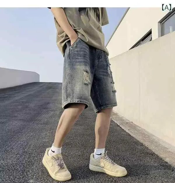 デニム ハーフパンツ メンズ ターゲット ジュニア ダメージ 加工 レトロ カジュアル ボトムス 綿 薄手 涼しい 夏 お出かけ デート 旅行 ブルー ジーンズ 五分丈 短パン ジーパン