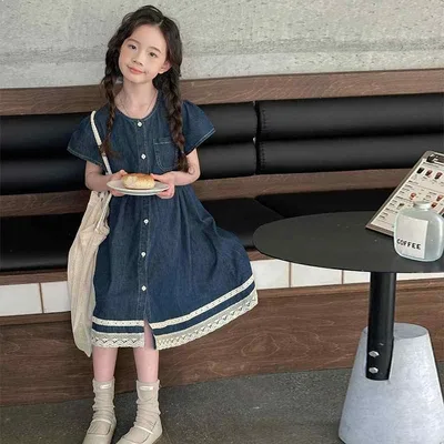 ワンピース キッズ 女の子 ジュニア デニム 半袖 レース フリル 薄手 爽やか お出かけ 旅行 かわいい 通園 通学 カジュアル ブルー 春 夏