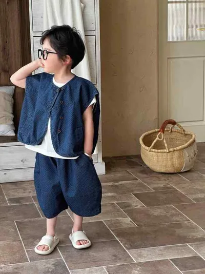 子供服 セットアップ 男の子 女の子 キッズ ベビー 長袖 デニム 2点セット トップス パンツ ドット柄 ジャガード 普段使い 通園 通学 お出かけ 春 秋 ゆったり 動きやすい かわいい おしゃれ