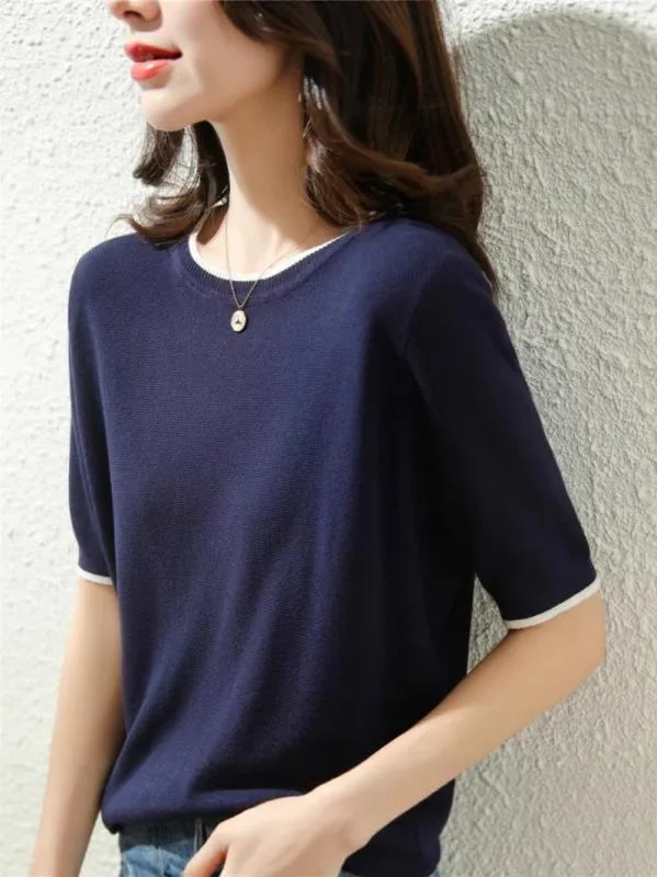 サマーニット Tシャツ レディース 接触冷感 半袖 カットソー トップス クルーネック 五分袖 薄手 無地 スリット シンプル プルオーバー カジュアル きれいめ 大人 フェミニン オフィス 通勤 通学 デート 春 夏 ブルー