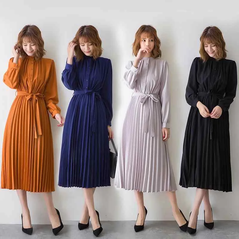 ワンピース レディース 長袖 スタンドカラー ウエストマーク プリーツ ロング マキシ丈 無地 Aライン 体型カバー 着痩せ きれいめ 上品 大人 カジュアル お出かけ 旅行 デート 通勤 春 秋 オールシーズン