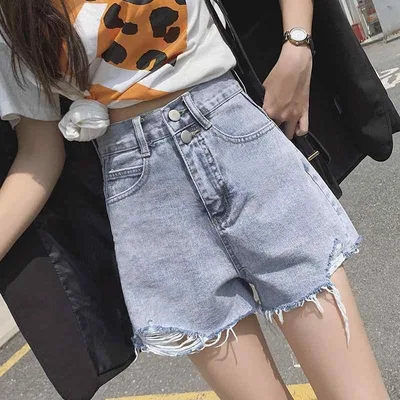 ショートパンツ レディース ハイウエスト デニム ジーパン ジーンズ ダメージ加工 薄手 接触冷感 ゆったり 楽ちん 美脚 着痩せ 細見え お出かけ カジュアル 韓国 ファッション トレンド 春 夏 青