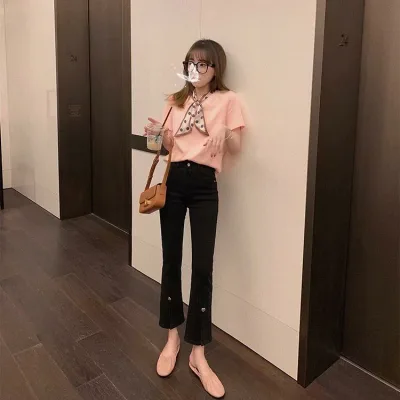 デニムパンツ レディース スリット 美脚 デニム ジーパン 九分丈 喇叭 伸縮 ストレッチ ハイウエスト 着痩せ スリム カジュアル 20代 30代 春 夏 ブルー ネイビー ジーンズ ボトムス 普段使い お出かけ