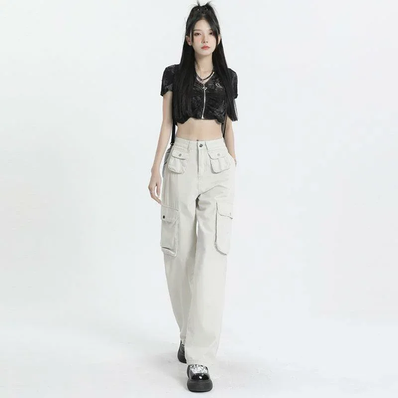 デニムパンツ レディース ワイドパンツ カーゴパンツ ロングパンツ ハイウエスト ストレート ルーズ ゆったり 美脚 脚長効果 体型カバー カジュアル ストリート アメリカンカジュアル オールシーズン