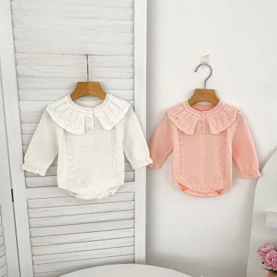 ロンパース ベビー服 女の子 長袖 フリル ニット カバーオール コットン 春 秋 幼児 赤ちゃん かわいい お出かけ 出産祝い