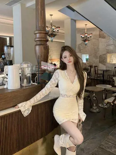 Women's Dress, Long Sleeve, V-Neck, Lace, Tight, Mini Skirt, Sexy, Transparent, Flare Sleeves, Body Covering, Elegant, Adults, Going Out, Date, Travel, 30's, Autumn, Winter, Ivory, Black